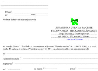 Zahtjev za izdavanje dozvole za izvanredni prijevoz