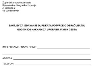 Zahtjev za izdavanjem duplikat potvrde o obračunatoj godišnjoj naknadi za uporabu javnih cesta